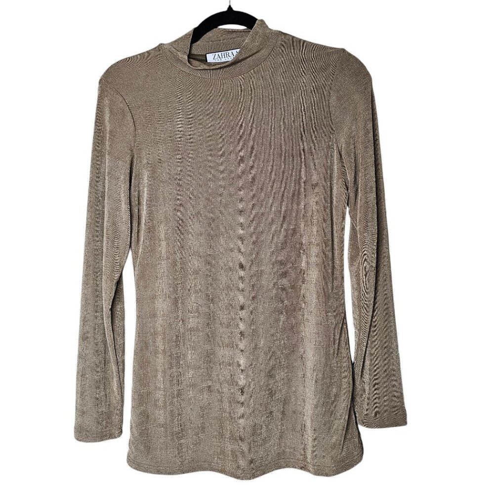 ⭐️Zahraa The Label L Slinky Top Brown Camile Mock Neck Modest Minimalist Office